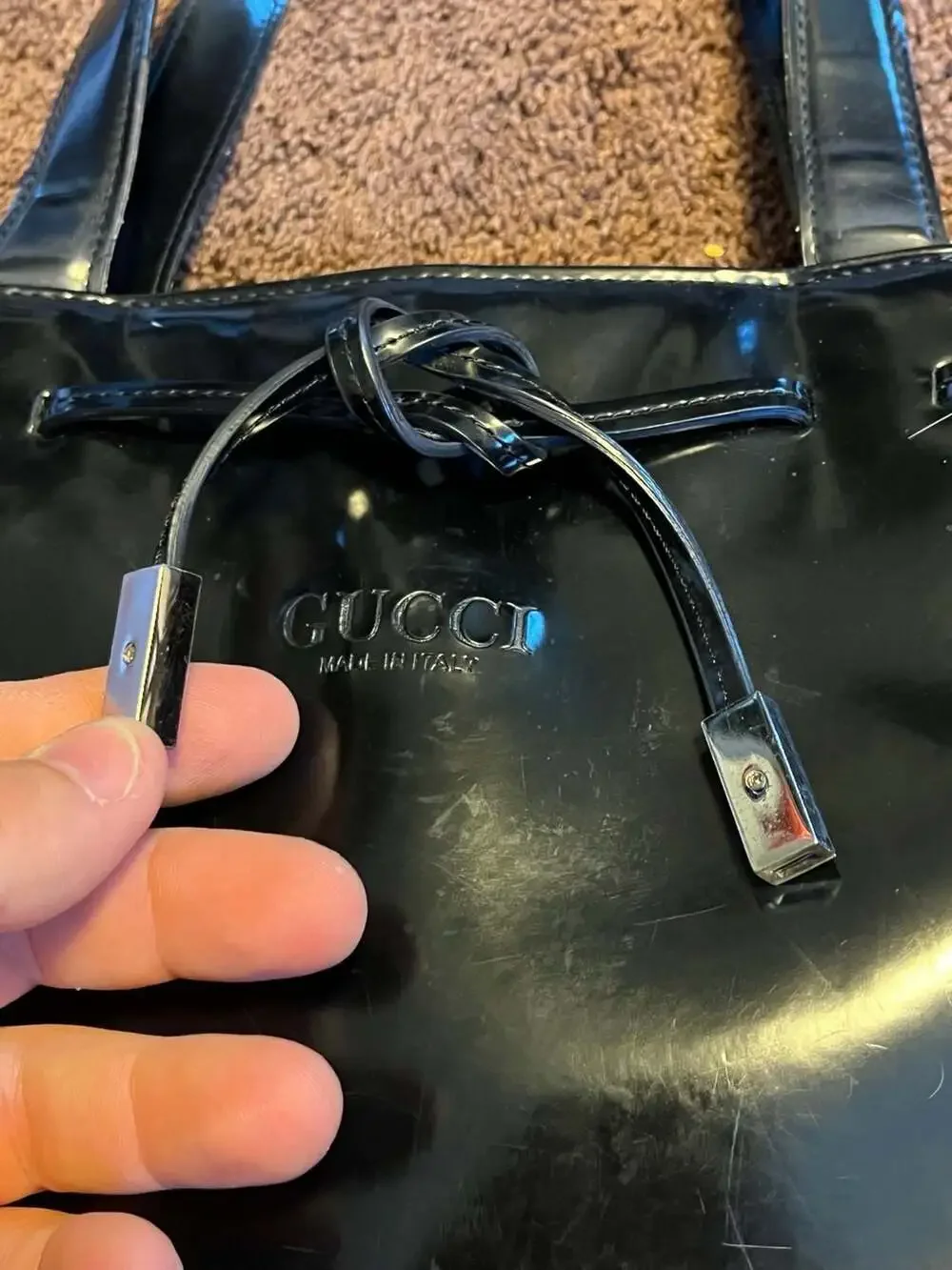 GUCCI Vintage Black Patent Leather Tote Bag with Drawstring and Front Logo